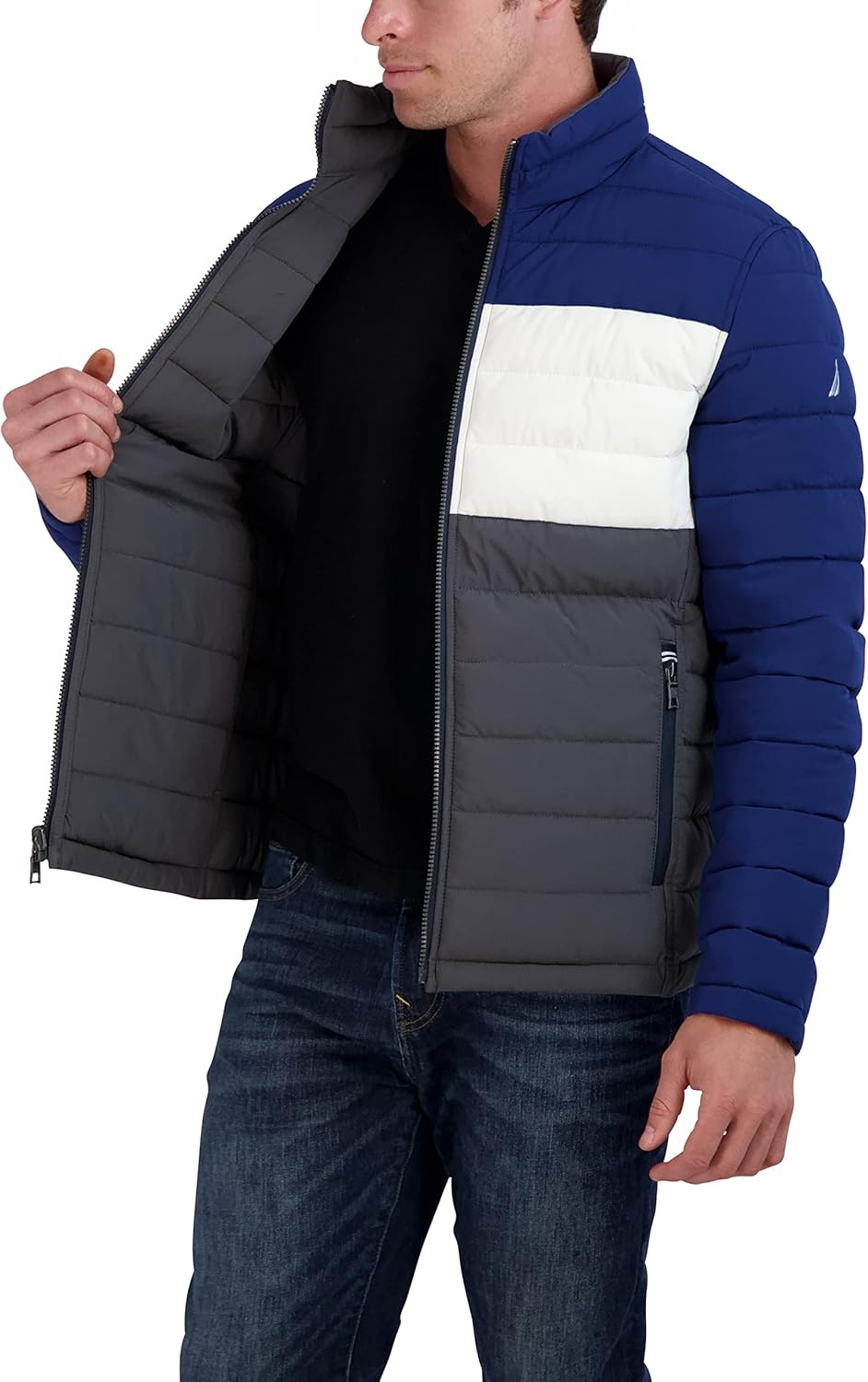 image:imageNautica Mens Reversible Quilted Puffer Jacket Midweight Mechanical Stretch Winter CoatNight Blue