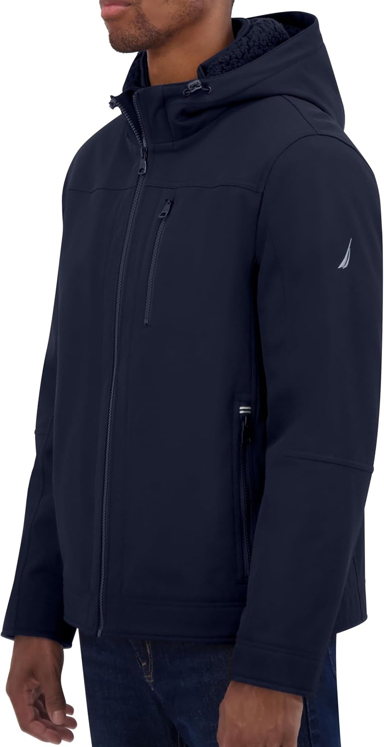 image:imageNautica Mens Sherpa Lined Softshell Jacket Full Zip Adjustable Hood Wind ResistantNavy Seas
