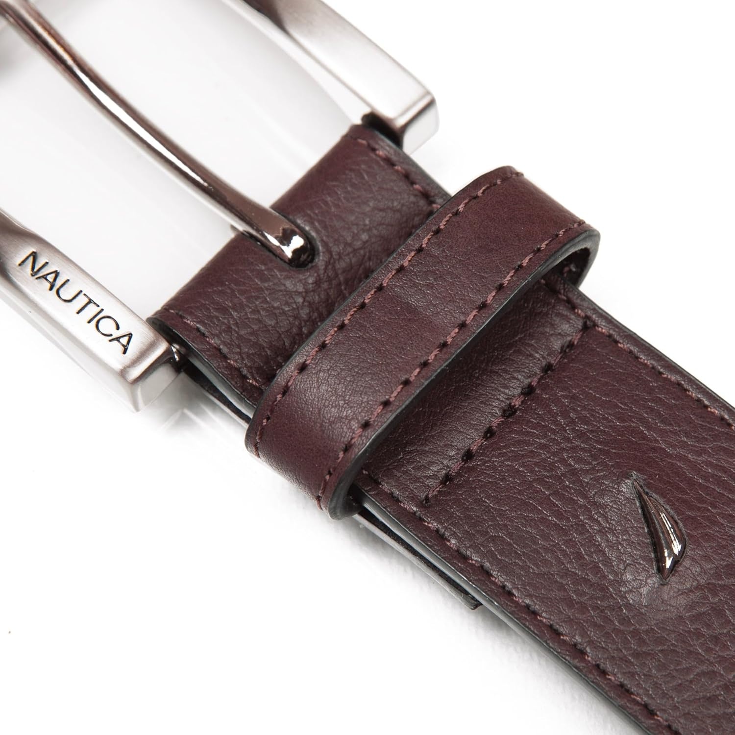 image:imageNautica Mens Signature Leather and Canvas Belt Ribbon Detail Flag Design Classic Casual Metal BuckleEmbossed Logo Brown