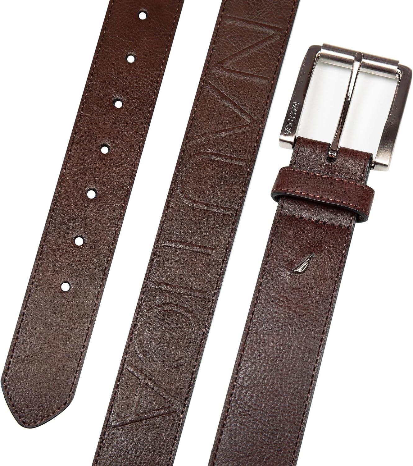 image:imageNautica Mens Signature Leather and Canvas Belt Ribbon Detail Flag Design Classic Casual Metal BuckleEmbossed Logo Brown