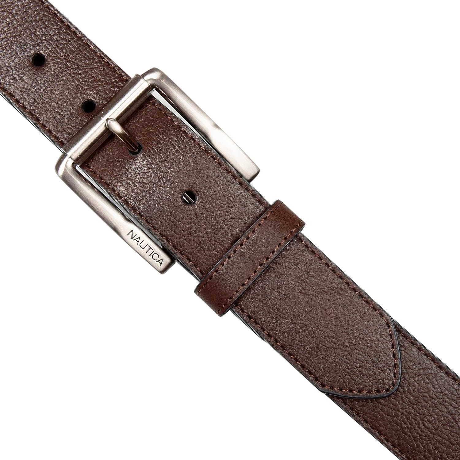 image:imageNautica Mens Signature Leather and Canvas Belt Ribbon Detail Flag Design Classic Casual Metal BuckleEmbossed Logo Brown