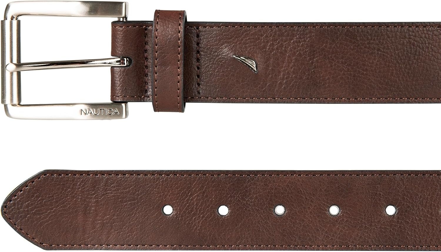 image:imageNautica Mens Signature Leather and Canvas Belt Ribbon Detail Flag Design Classic Casual Metal BuckleEmbossed Logo Brown