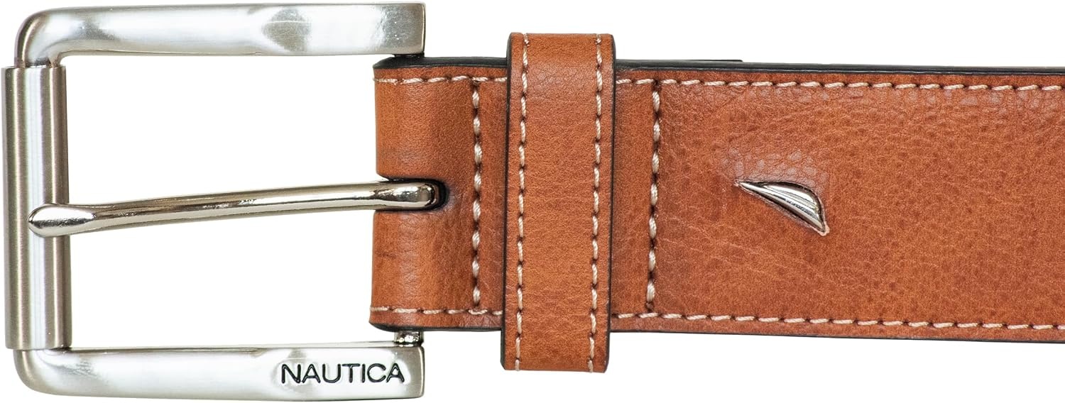 image:imageNautica Mens Signature Leather and Canvas Belt Ribbon Detail Flag Design Classic Casual Metal BuckleEmbossed Logo Tan
