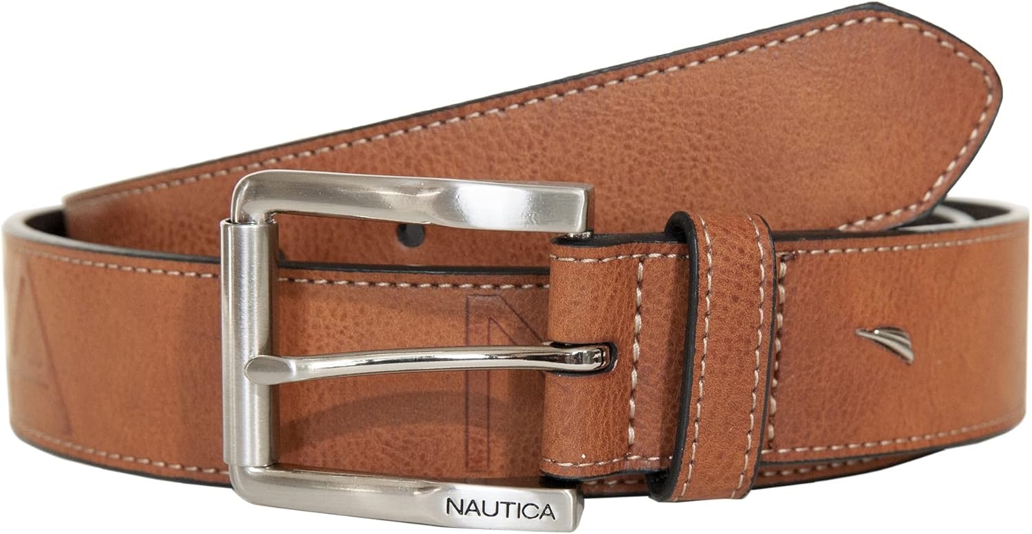 image:imageNautica Mens Signature Leather and Canvas Belt Ribbon Detail Flag Design Classic Casual Metal BuckleEmbossed Logo Tan