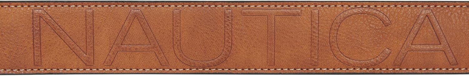 image:imageNautica Mens Signature Leather and Canvas Belt Ribbon Detail Flag Design Classic Casual Metal BuckleEmbossed Logo Tan