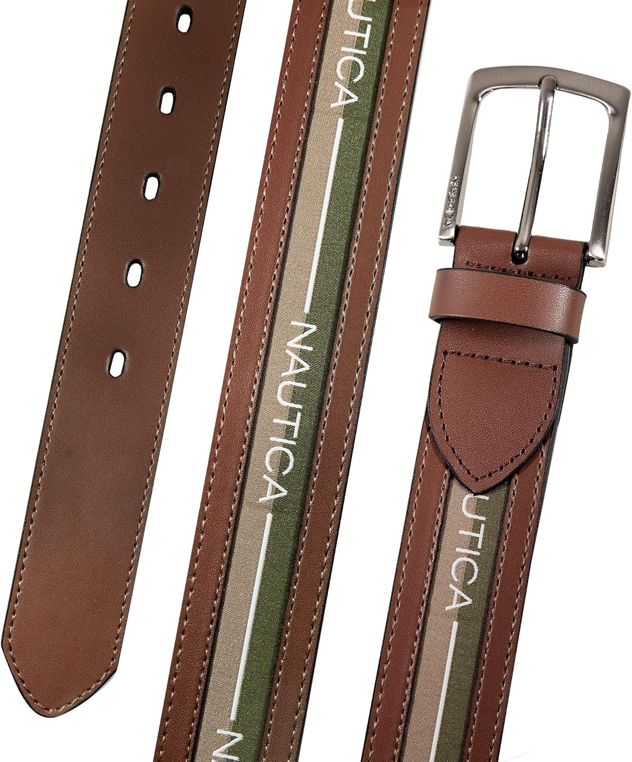 image:imageNautica Mens Signature Leather and Canvas Belt Ribbon Detail Flag Design Classic Casual Metal BuckleRibbon Panel TanGreen