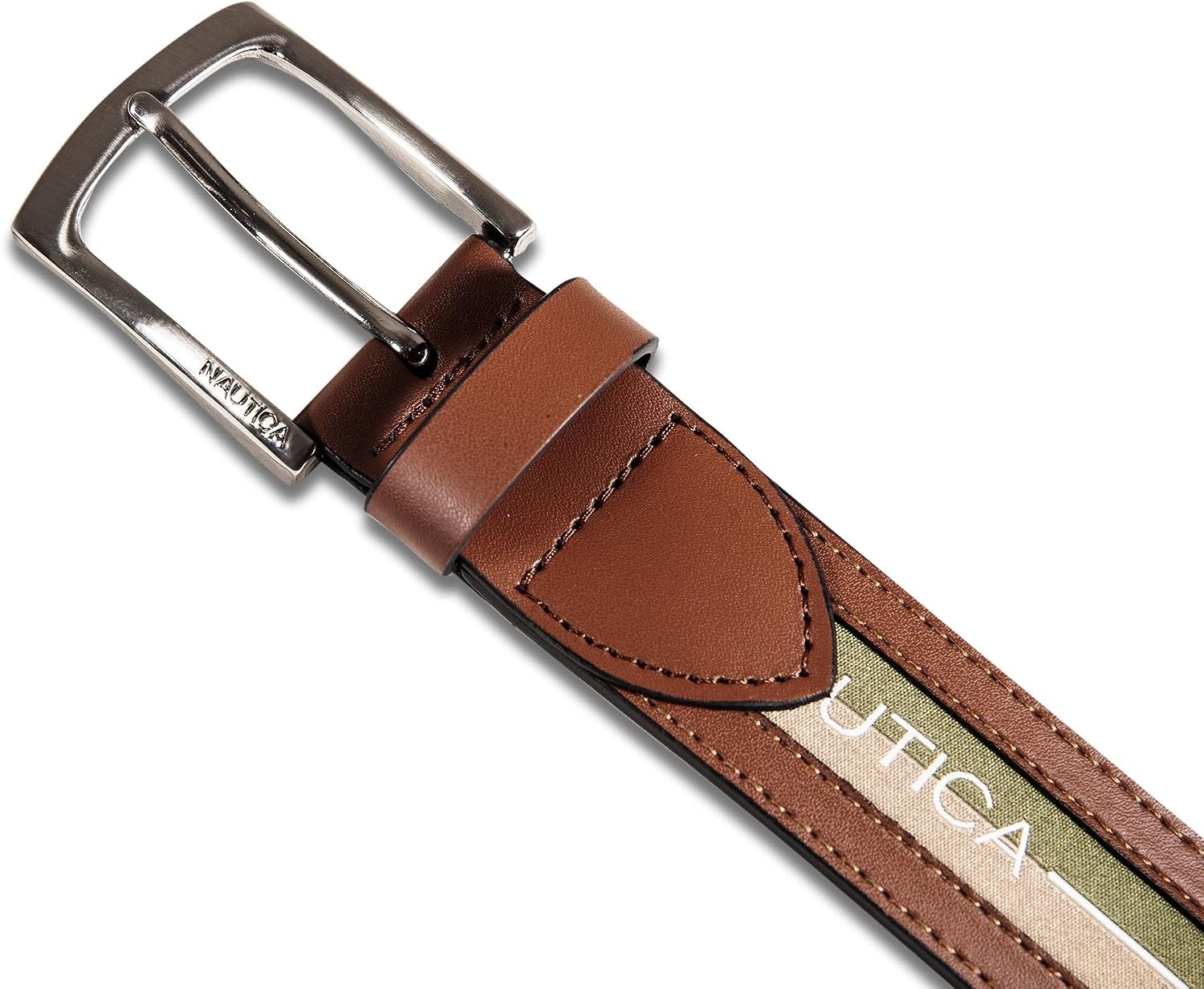 image:imageNautica Mens Signature Leather and Canvas Belt Ribbon Detail Flag Design Classic Casual Metal BuckleRibbon Panel TanGreen