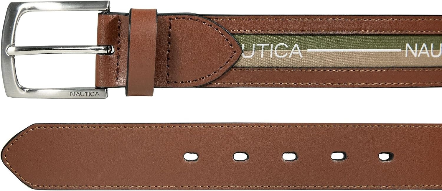 image:imageNautica Mens Signature Leather and Canvas Belt Ribbon Detail Flag Design Classic Casual Metal BuckleRibbon Panel TanGreen