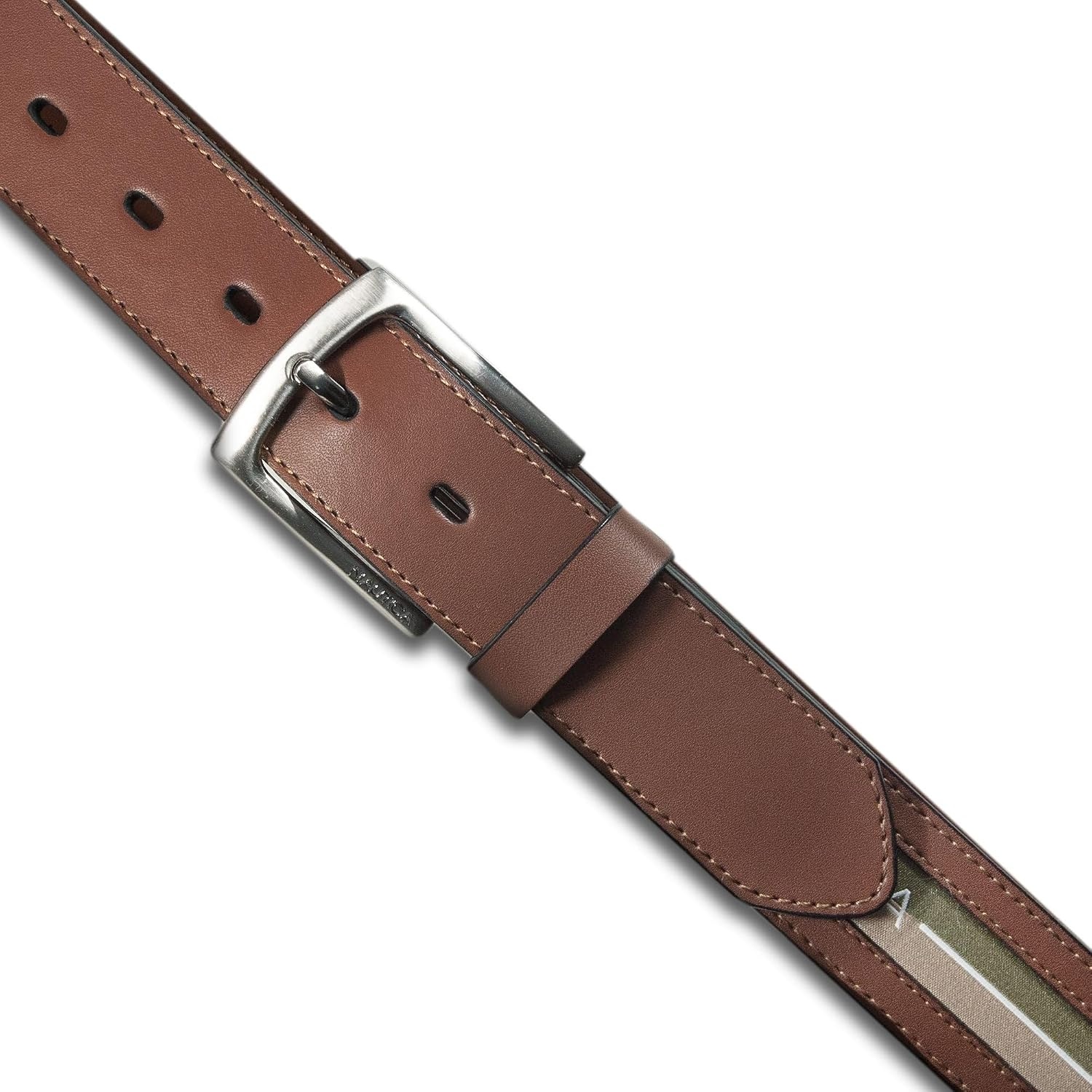 image:imageNautica Mens Signature Leather and Canvas Belt Ribbon Detail Flag Design Classic Casual Metal BuckleRibbon Panel TanGreen
