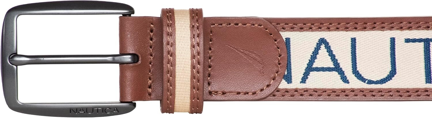 image:imageNautica Mens Signature Leather and Canvas Belt Ribbon Detail Flag Design Classic Casual Metal BuckleSignature Logo Beige