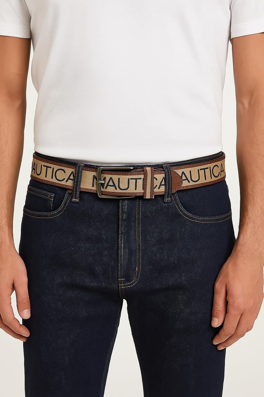 image:imageNautica Mens Signature Leather and Canvas Belt Ribbon Detail Flag Design Classic Casual Metal BuckleSignature Logo Beige