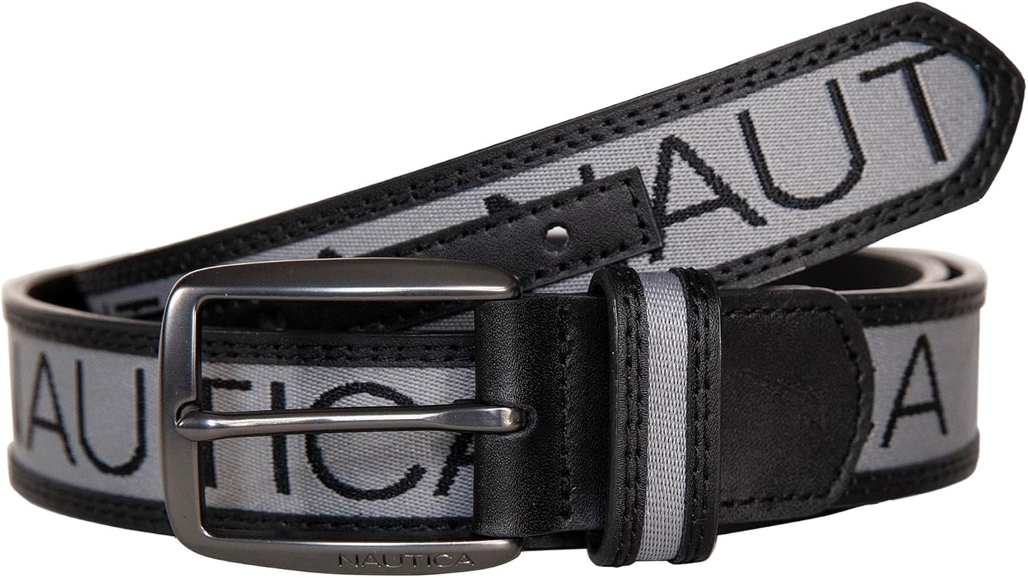 image:imageNautica Mens Signature Leather and Canvas Belt Ribbon Detail Flag Design Classic Casual Metal BuckleSignature Logo Grey