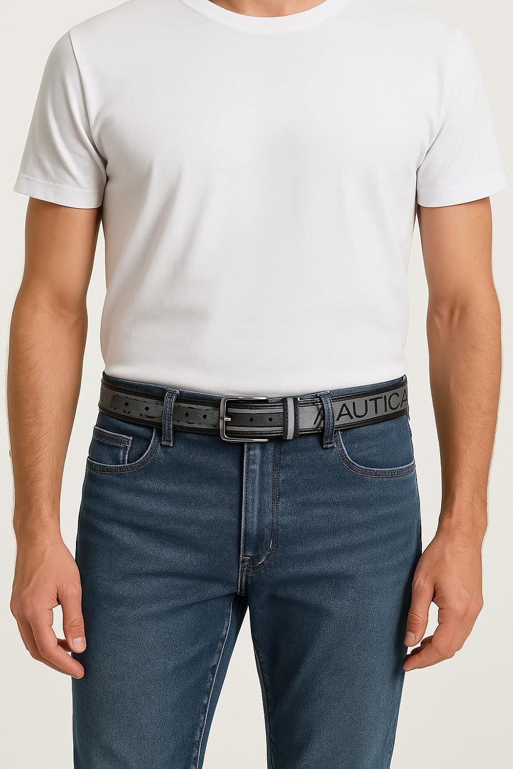 image:imageNautica Mens Signature Leather and Canvas Belt Ribbon Detail Flag Design Classic Casual Metal BuckleSignature Logo Grey