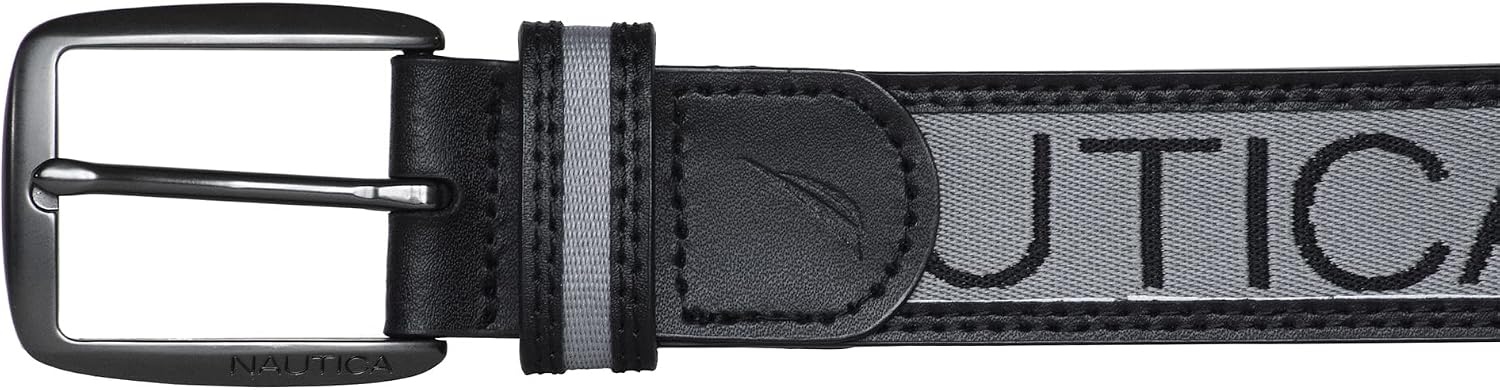 image:imageNautica Mens Signature Leather and Canvas Belt Ribbon Detail Flag Design Classic Casual Metal BuckleSignature Logo Grey