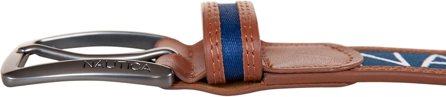 image:imageNautica Mens Signature Leather and Canvas Belt Ribbon Detail Flag Design Classic Casual Metal BuckleSignature Logo Navy
