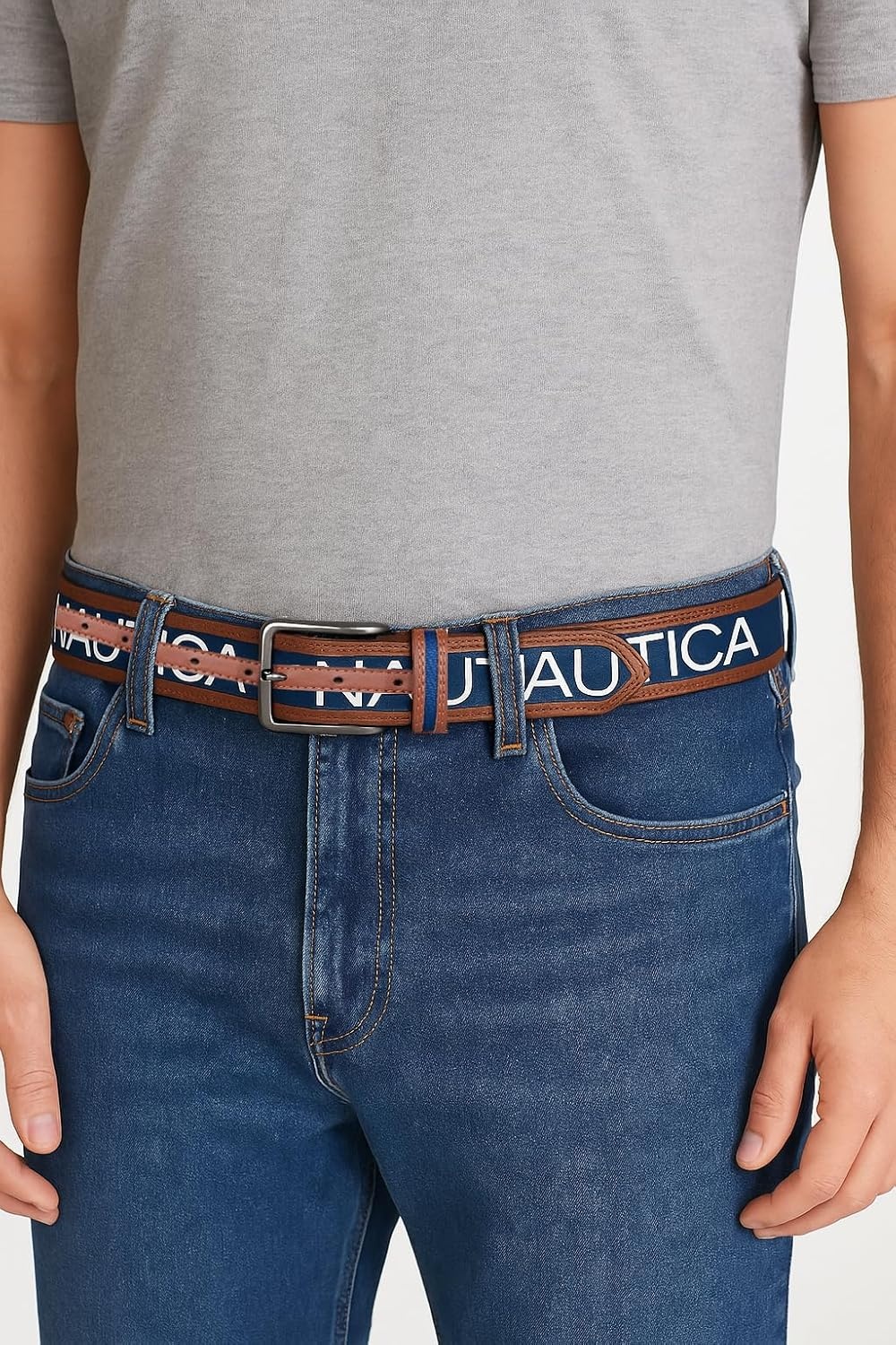 image:imageNautica Mens Signature Leather and Canvas Belt Ribbon Detail Flag Design Classic Casual Metal BuckleSignature Logo Navy