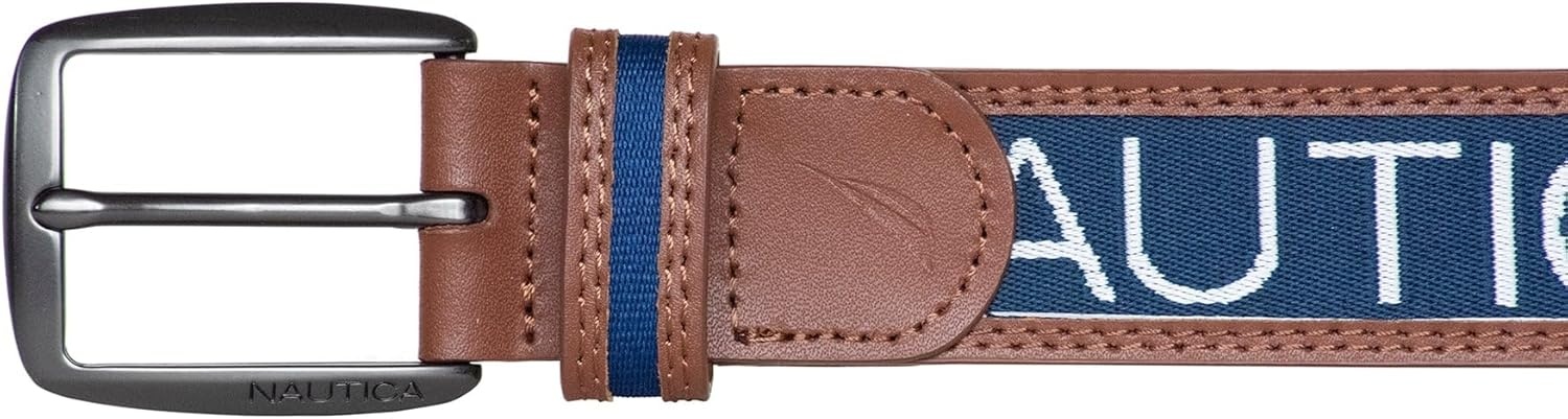 image:imageNautica Mens Signature Leather and Canvas Belt Ribbon Detail Flag Design Classic Casual Metal BuckleSignature Logo Navy