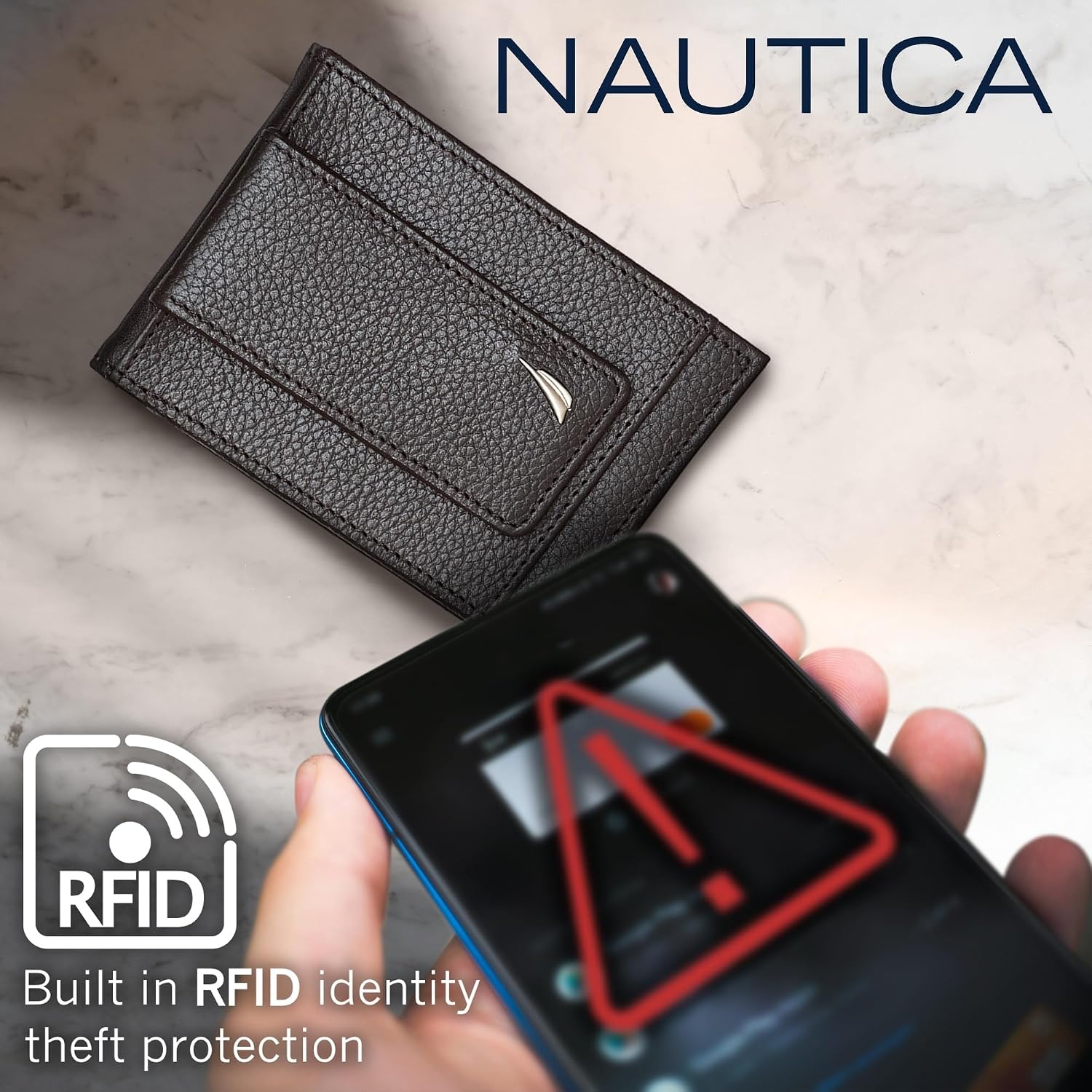 image:imageNautica Mens Slim Wallet Card Case RFID Blocking ID Window Minimalist Lightweight Genuine LeatherJClass Black