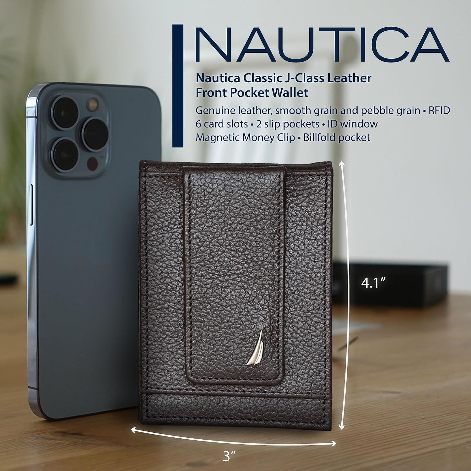 image:imageNautica Mens Slim Wallet Card Case RFID Blocking ID Window Minimalist Lightweight Genuine LeatherJClass Black