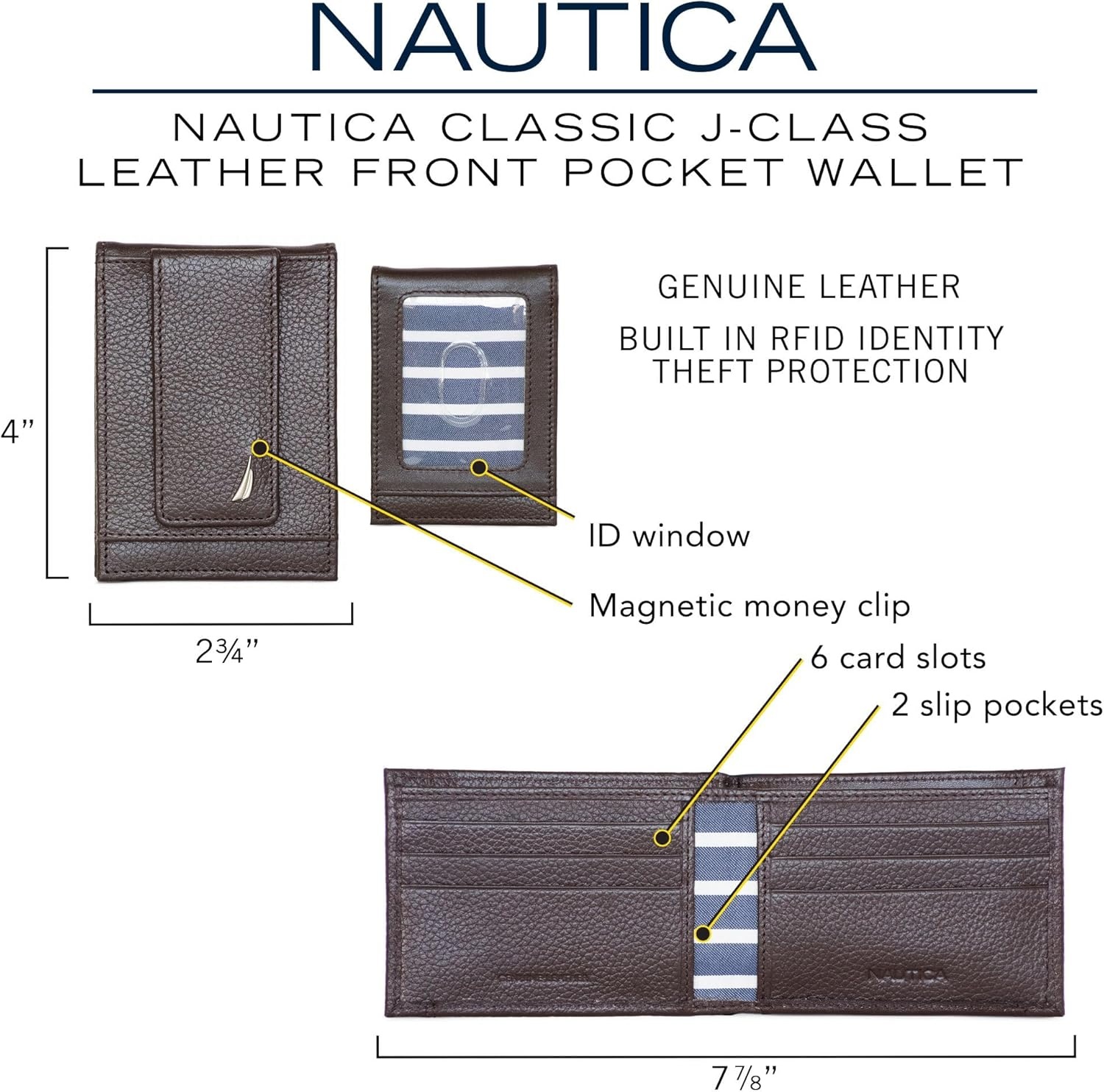 image:imageNautica Mens Slim Wallet Card Case RFID Blocking ID Window Minimalist Lightweight Genuine LeatherJClass Black