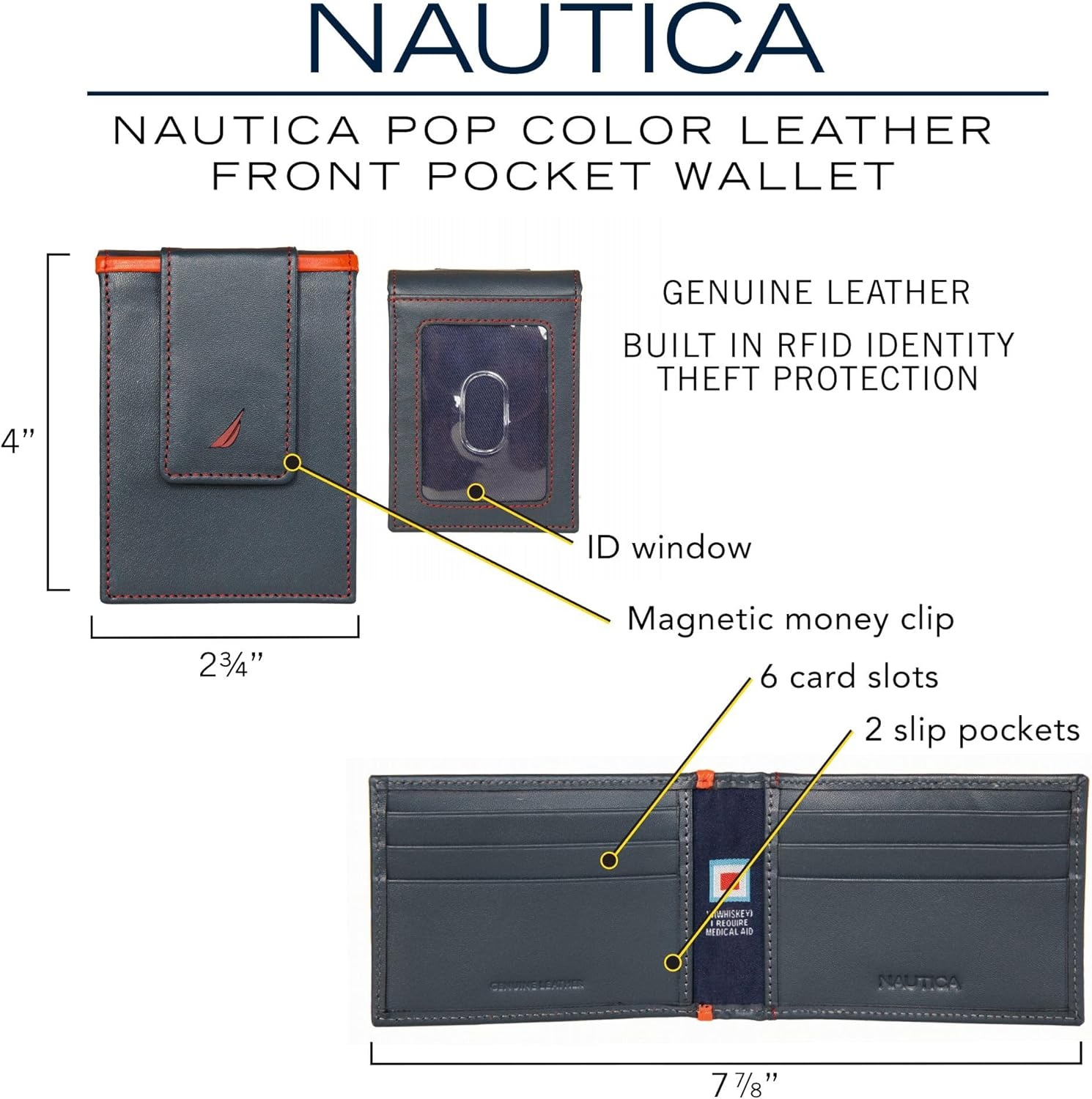 image:imageNautica Mens Slim Wallet Card Case RFID Blocking ID Window Minimalist Lightweight Genuine LeatherPop Color BlackGrey