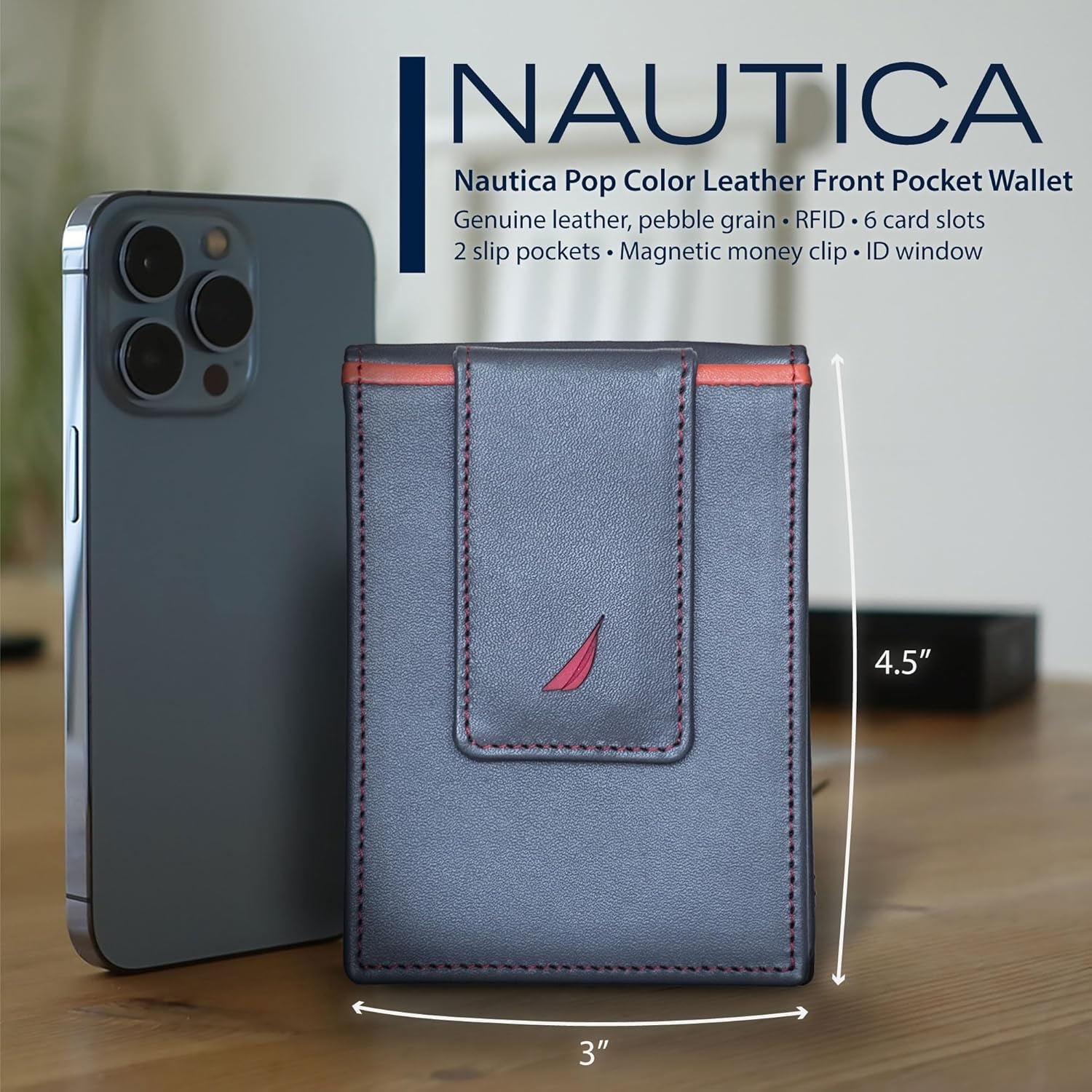 image:imageNautica Mens Slim Wallet Card Case RFID Blocking ID Window Minimalist Lightweight Genuine LeatherPop Color BlackGrey