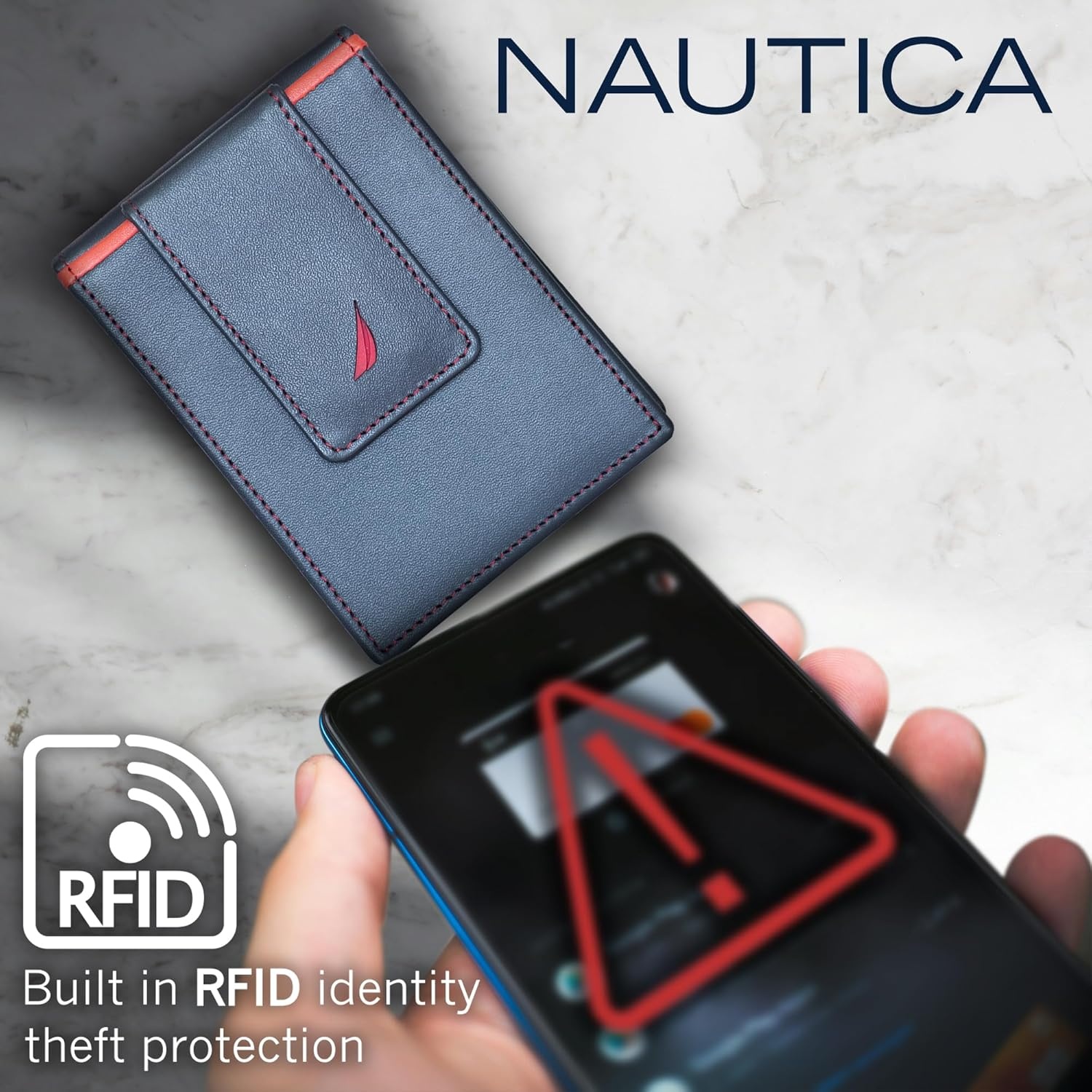 image:imageNautica Mens Slim Wallet Card Case RFID Blocking ID Window Minimalist Lightweight Genuine LeatherPop Color BlackGrey