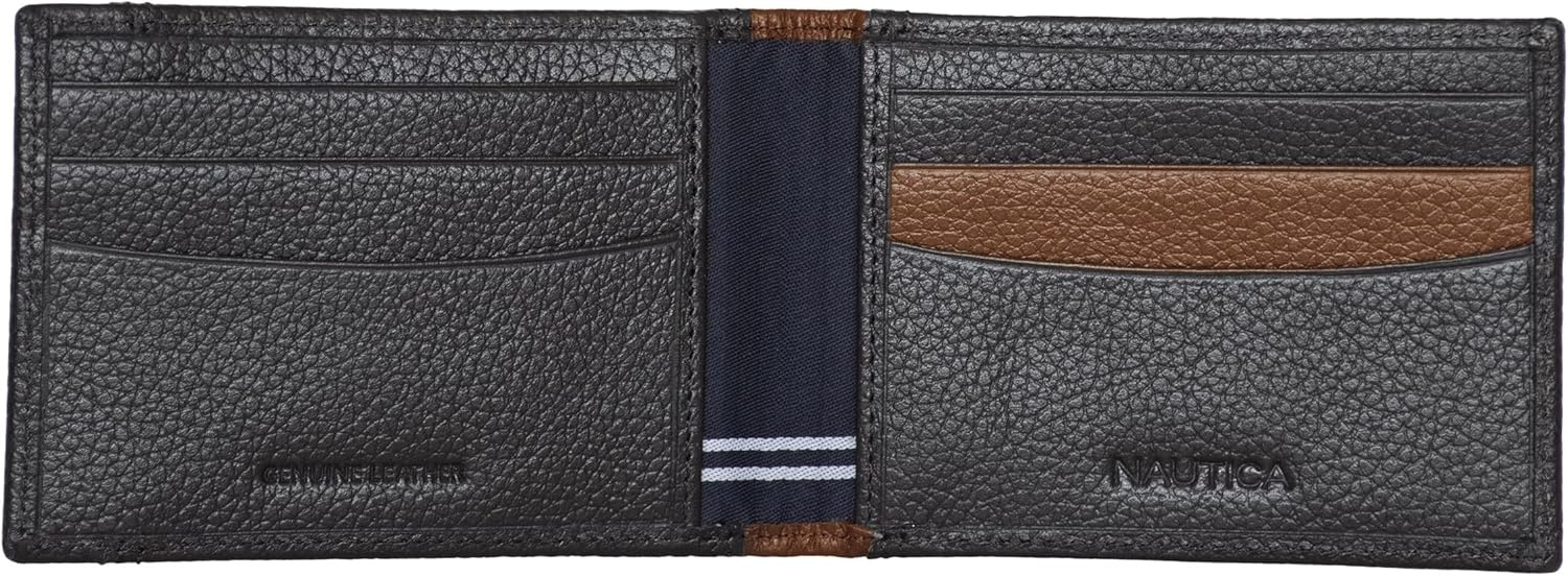 image:imageNautica Mens Slim Wallet Card Case RFID Blocking ID Window Minimalist Lightweight Genuine LeatherTwo Tone BlackCognac