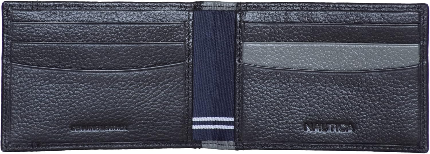 image:imageNautica Mens Slim Wallet Card Case RFID Blocking ID Window Minimalist Lightweight Genuine LeatherTwo Tone BlackGrey