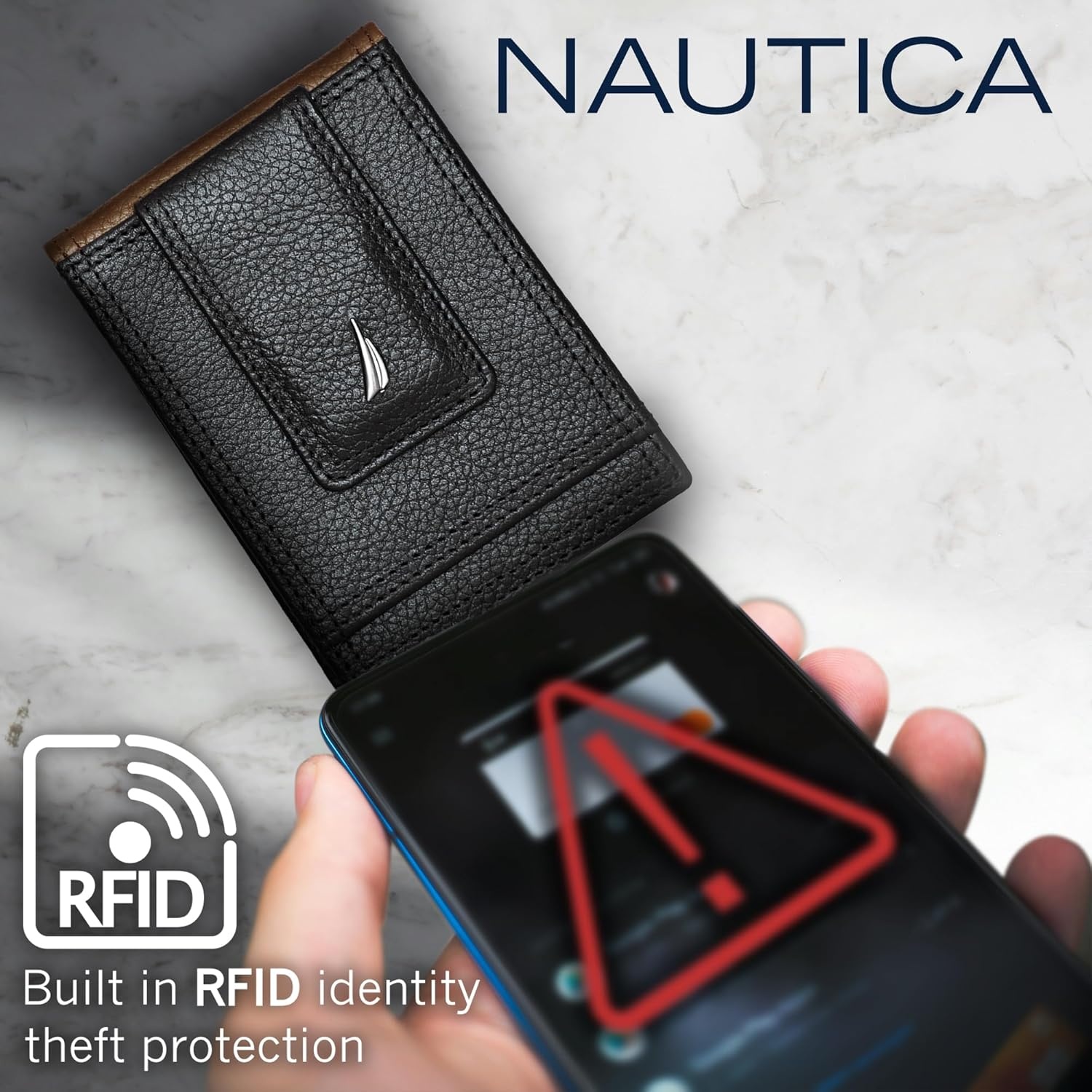 image:imageNautica Mens Slim Wallet Card Case RFID Blocking ID Window Minimalist Lightweight Genuine LeatherTwo Tone BlackGrey