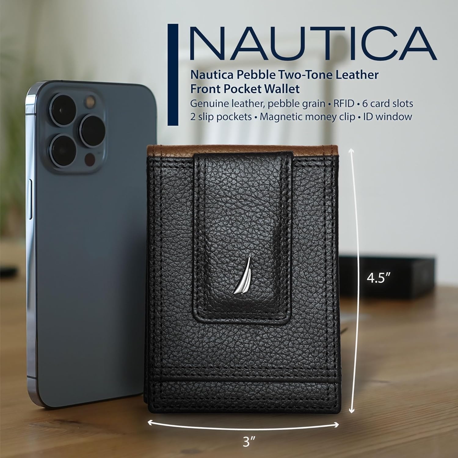 image:imageNautica Mens Slim Wallet Card Case RFID Blocking ID Window Minimalist Lightweight Genuine LeatherTwo Tone Cobalt Blue
