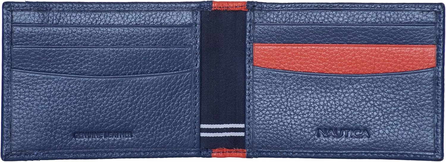 image:imageNautica Mens Slim Wallet Card Case RFID Blocking ID Window Minimalist Lightweight Genuine LeatherTwo Tone NavyRed