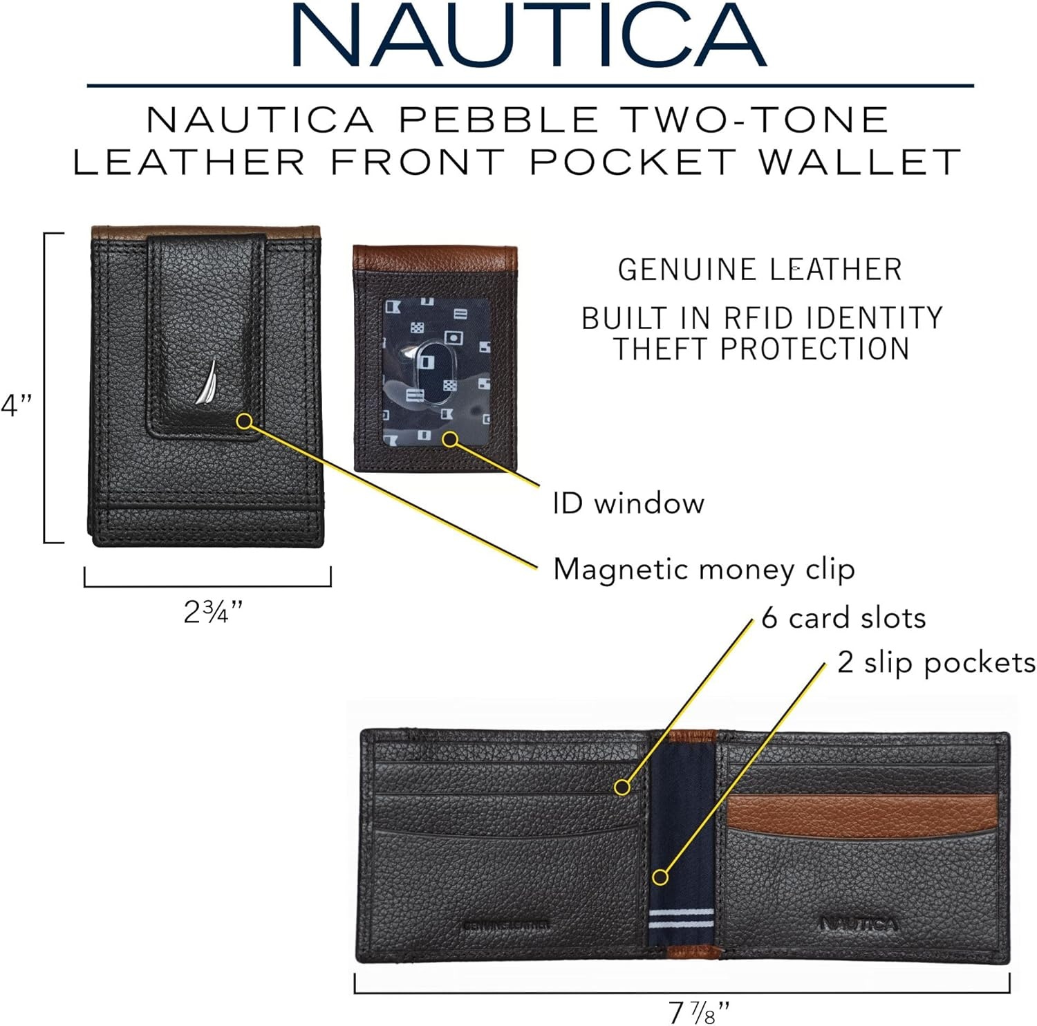 image:imageNautica Mens Slim Wallet Card Case RFID Blocking ID Window Minimalist Lightweight Genuine LeatherTwo Tone NavyRed