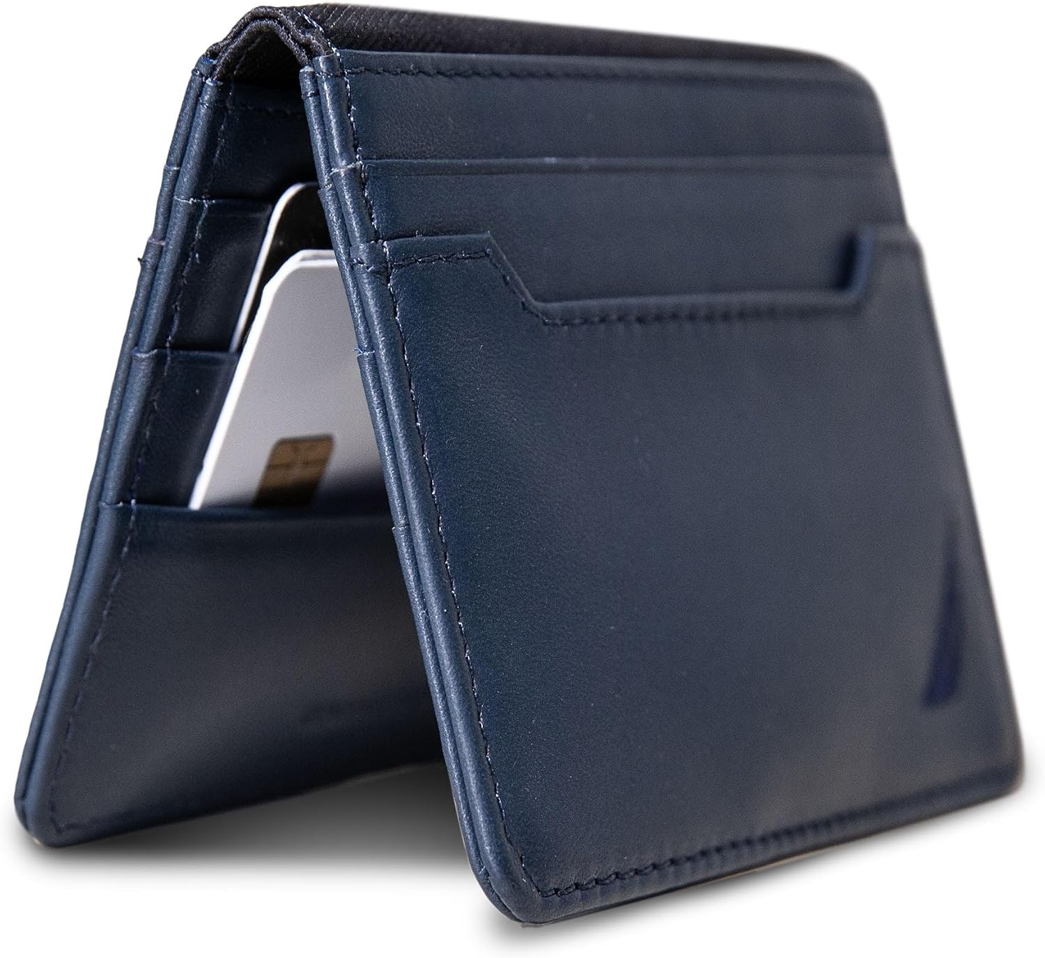 image:imageNautica Mens Slim Wallet Card Case RFID Blocking ID Window Minimalist Lightweight Genuine Leathermbroidered Sail Navy