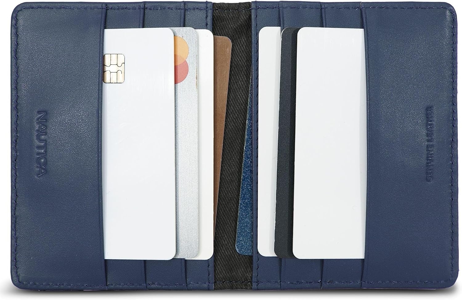 image:imageNautica Mens Slim Wallet Card Case RFID Blocking ID Window Minimalist Lightweight Genuine Leathermbroidered Sail Navy