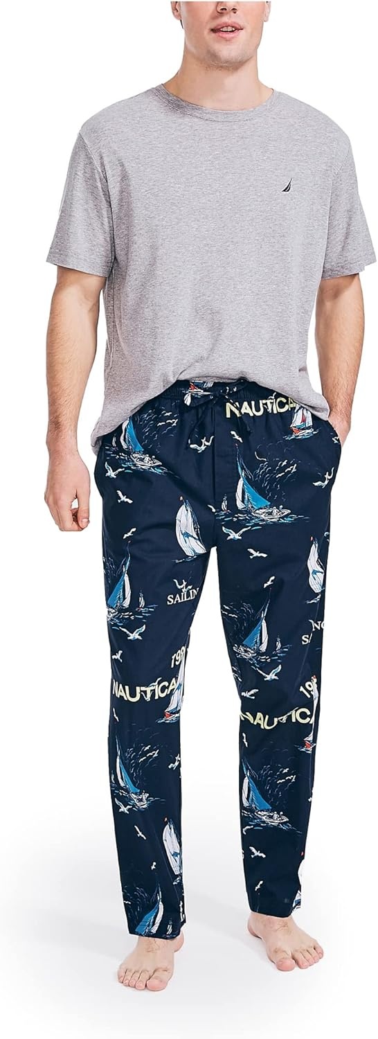 image:imageNautica Mens Soft Woven 100 Cotton Elastic Waistband Sleep Pajama PantSailboat Blue