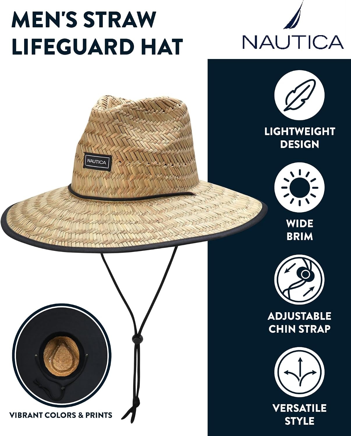 image:imageNautica Mens Straw Lifeguard Hat Lightweight Wide Brim Outdoor Beach Sun Hats for Men with Adjustable Chin StrapBlack