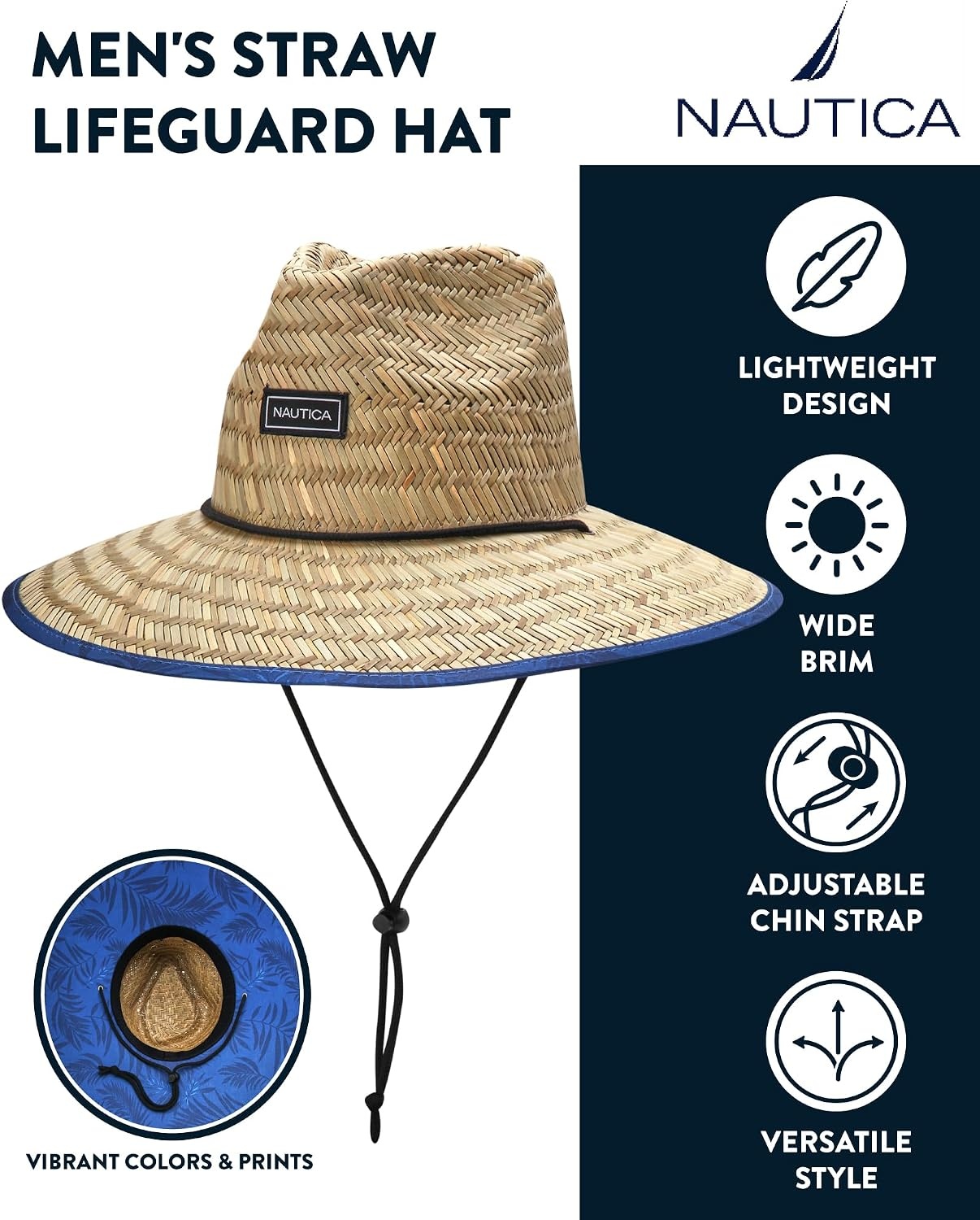 image:imageNautica Mens Straw Lifeguard Hat Lightweight Wide Brim Outdoor Beach Sun Hats for Men with Adjustable Chin StrapNavy