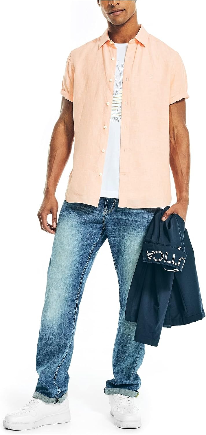 image:imageNautica Mens Sustainably Crafted Printed Linen ShortSleeve ShirtCoral Reef