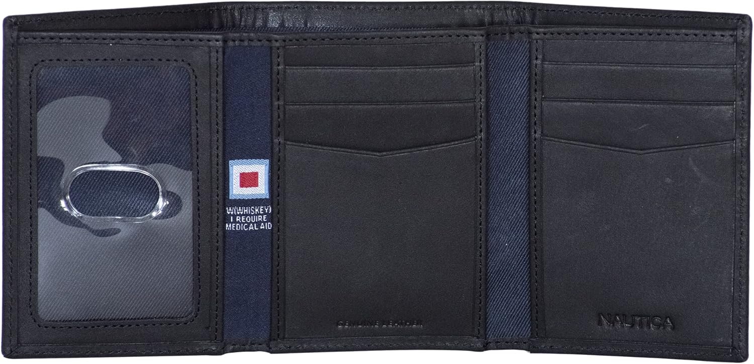 image:imageNautica Mens Trifold Wallet RFID Blocking Protection ID Window Card Slots Genuine Leather DurableEmbossed Leather Black