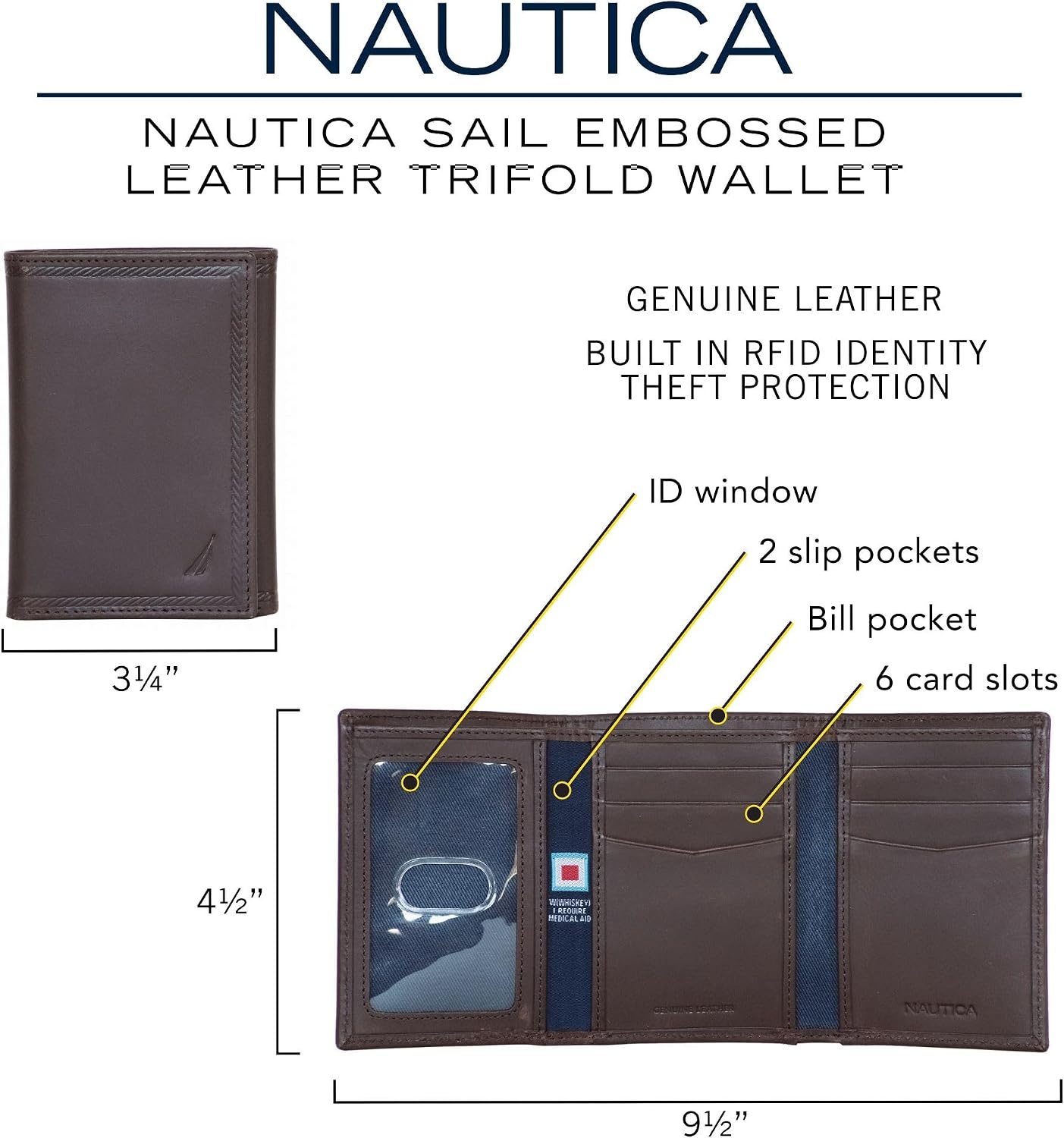 image:imageNautica Mens Trifold Wallet RFID Blocking Protection ID Window Card Slots Genuine Leather DurableEmbossed Leather Black