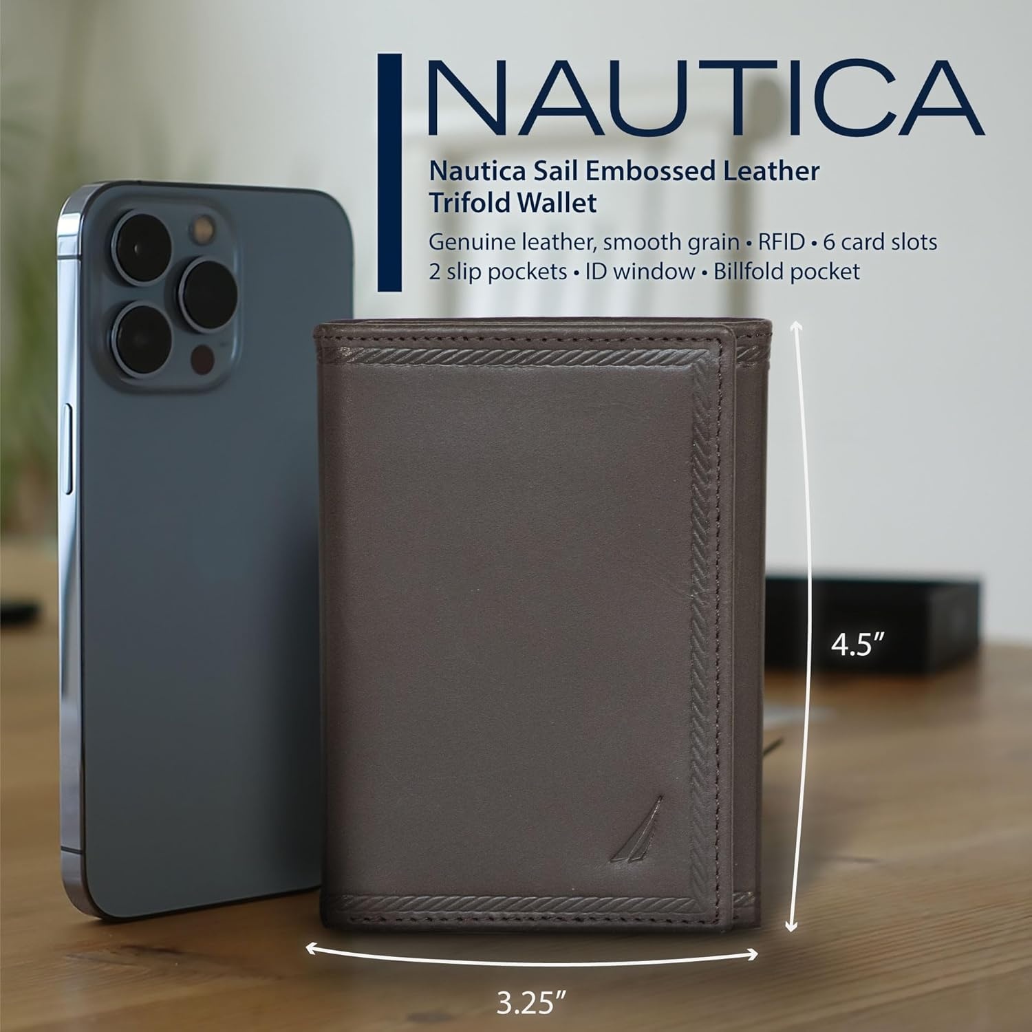 image:imageNautica Mens Trifold Wallet RFID Blocking Protection ID Window Card Slots Genuine Leather DurableEmbossed Leather Brown