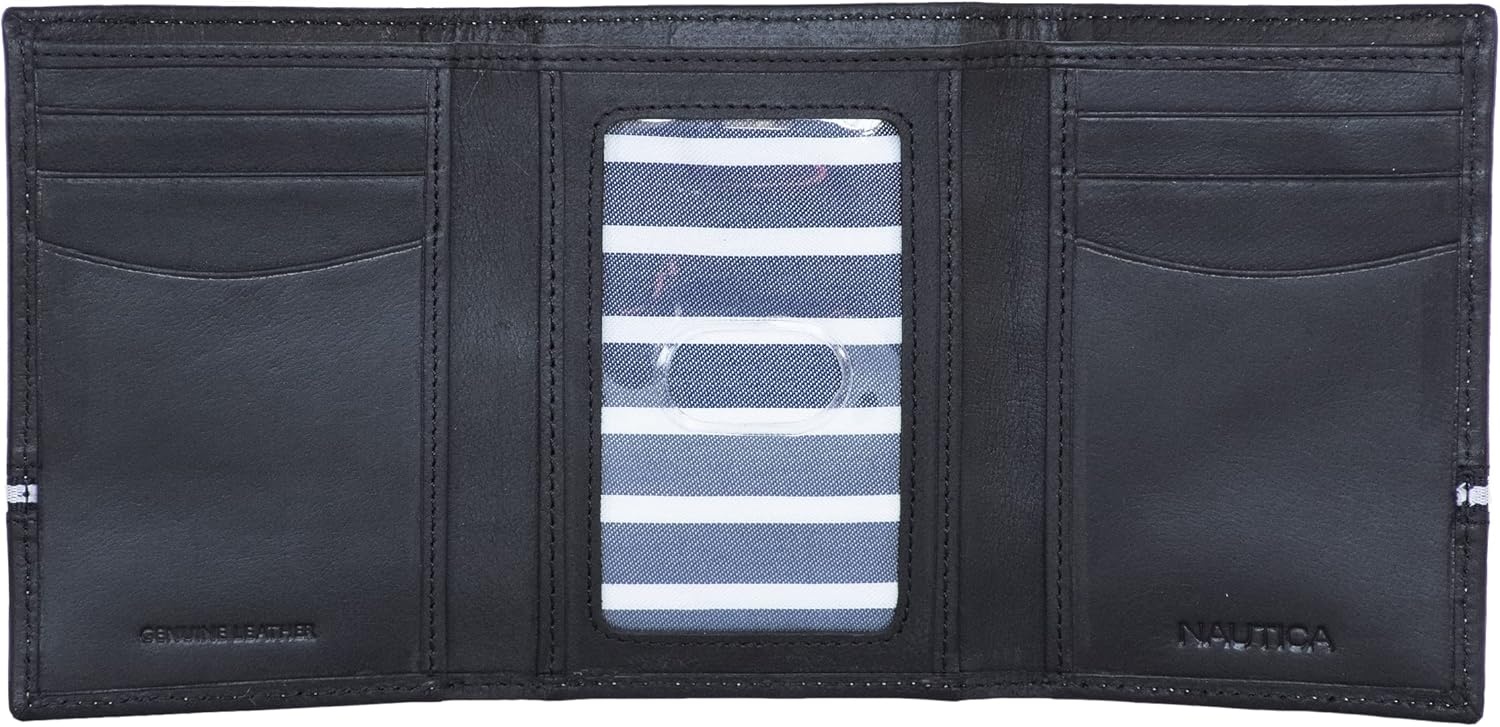 image:imageNautica Mens Trifold Wallet RFID Blocking Protection ID Window Card Slots Genuine Leather DurableLogo Ribbon Black