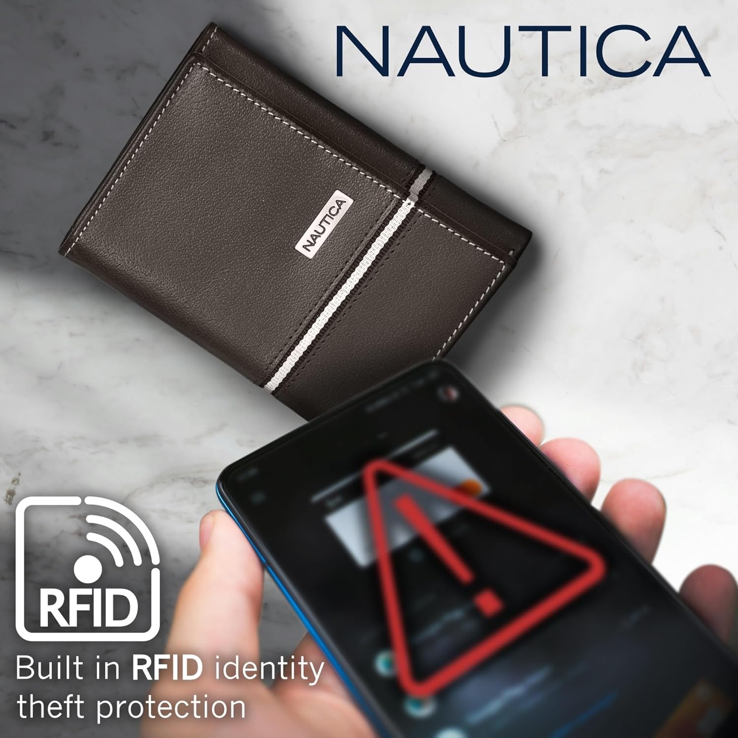 image:imageNautica Mens Trifold Wallet RFID Blocking Protection ID Window Card Slots Genuine Leather DurableLogo Ribbon Black