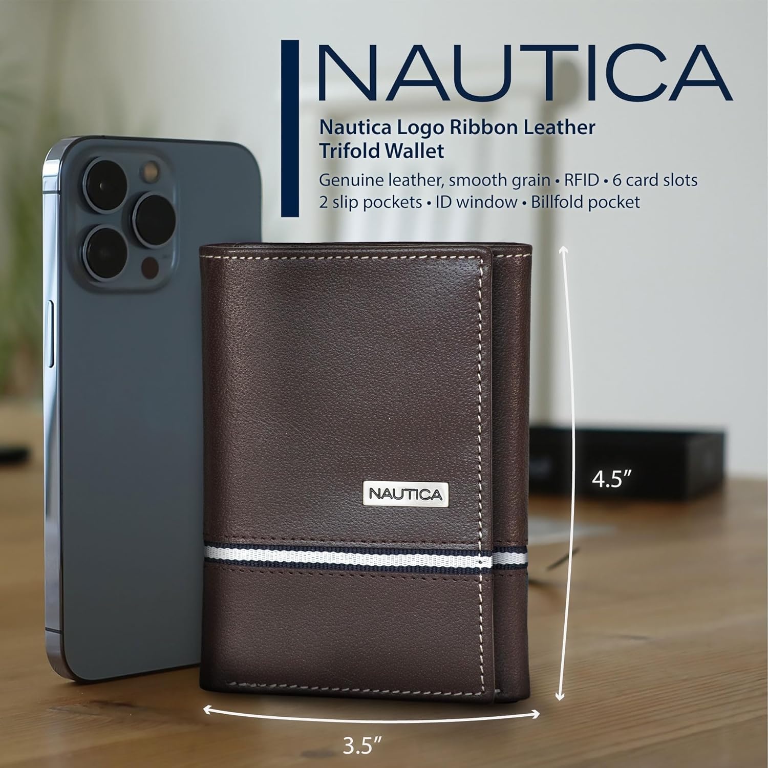 image:imageNautica Mens Trifold Wallet RFID Blocking Protection ID Window Card Slots Genuine Leather DurableLogo Ribbon Black