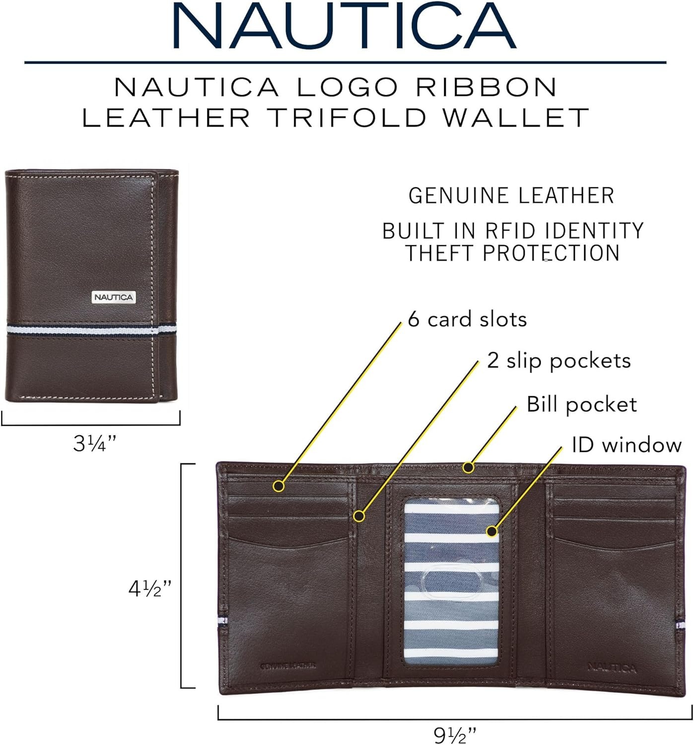 image:imageNautica Mens Trifold Wallet RFID Blocking Protection ID Window Card Slots Genuine Leather DurableLogo Ribbon Black