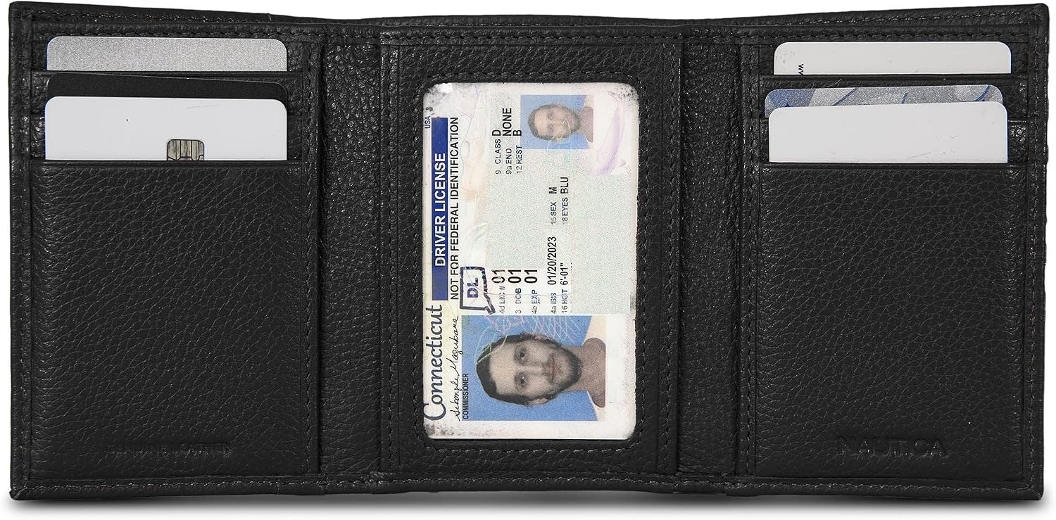 image:imageNautica Mens Trifold Wallet RFID Blocking Protection ID Window Card Slots Genuine Leather DurablePop Color Tab Black