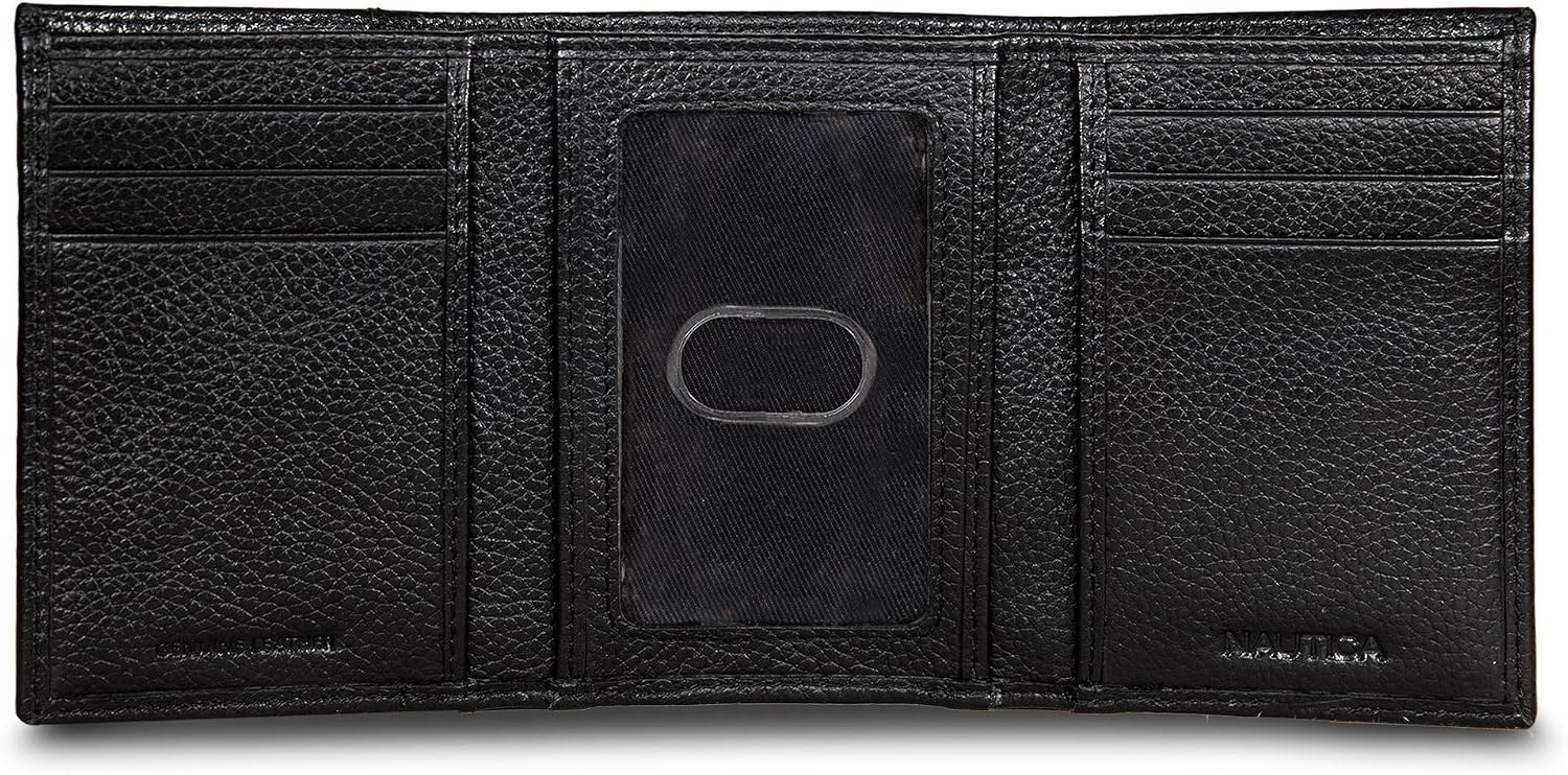 image:imageNautica Mens Trifold Wallet RFID Blocking Protection ID Window Card Slots Genuine Leather DurablePop Color Tab Black