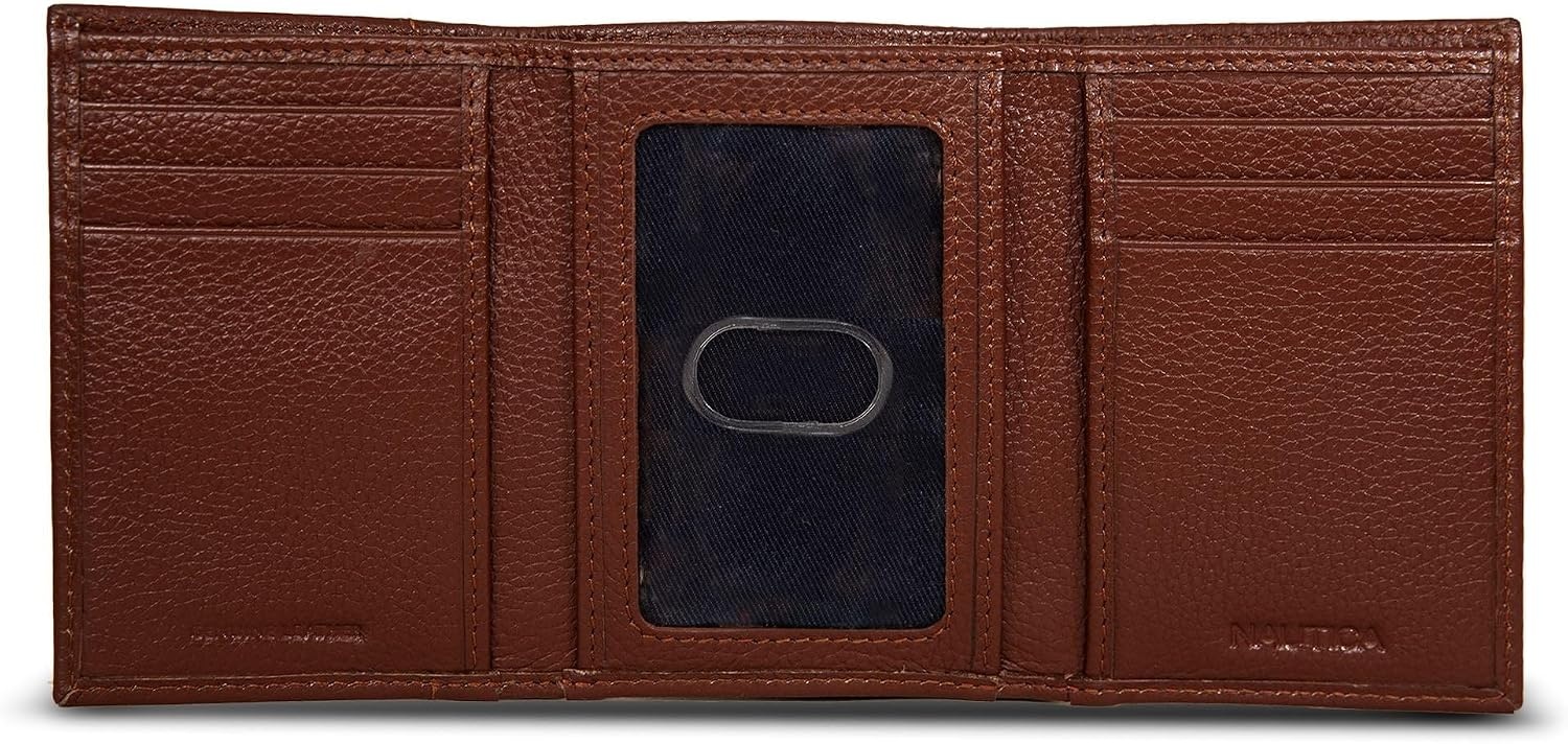 image:imageNautica Mens Trifold Wallet RFID Blocking Protection ID Window Card Slots Genuine Leather DurablePop Color Tab Tan