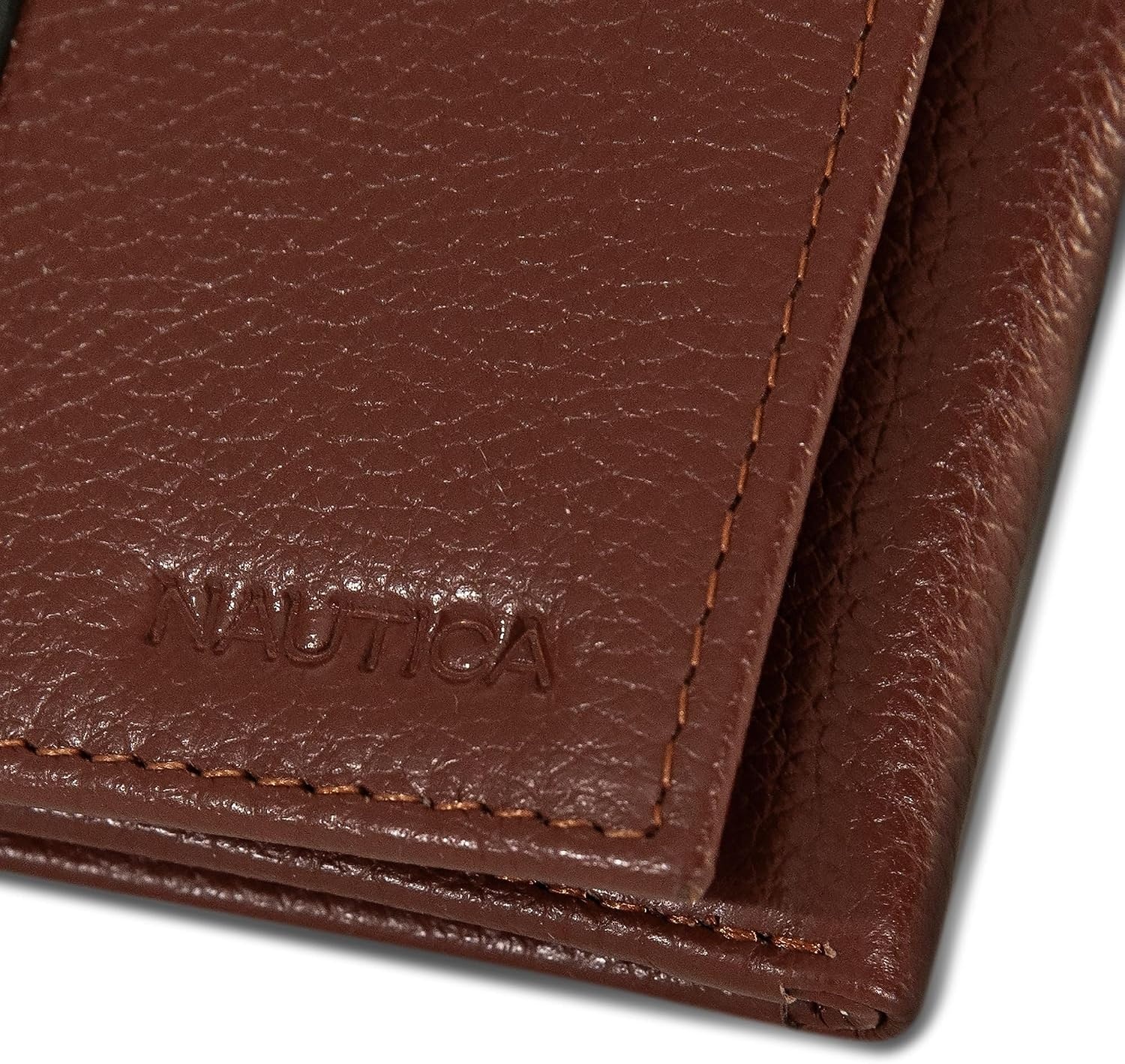 image:imageNautica Mens Trifold Wallet RFID Blocking Protection ID Window Card Slots Genuine Leather DurablePop Color Tab Tan